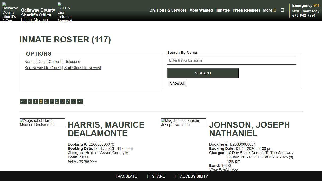 Inmate Roster - Page 2 Current Inmates Booking Date Descending - Callaway County Sheriff's Office, Missouri
